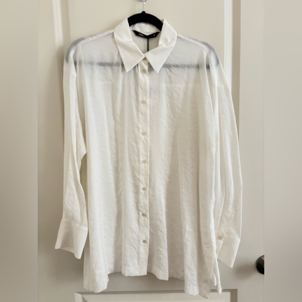 Zara White Long-sleeve Button-Up Shirt S